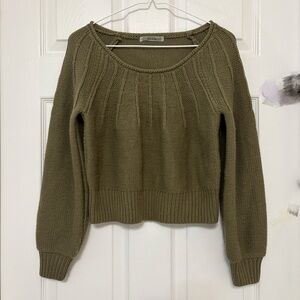 NICE CLAUP Olive Green Scoop Neck Cropped Wool Blend Knit Sweater Size S Japan